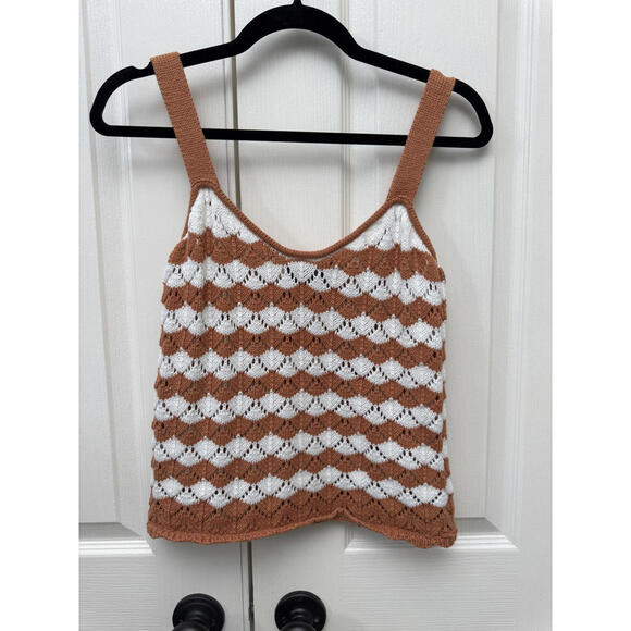 Crochet Knit Tank Top Women’s Large Rust Cream Striped Boho Summer Sweater Tank - Picture 2 of 6